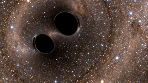 Dos agujeros negros rotando uno sobre otro. Ondas gravitacionales.